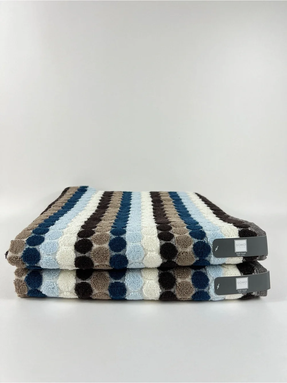 Soho Living Bath Towel Dots and Stripes Brown Blue White Soft Cotton 2 Pc NEW
